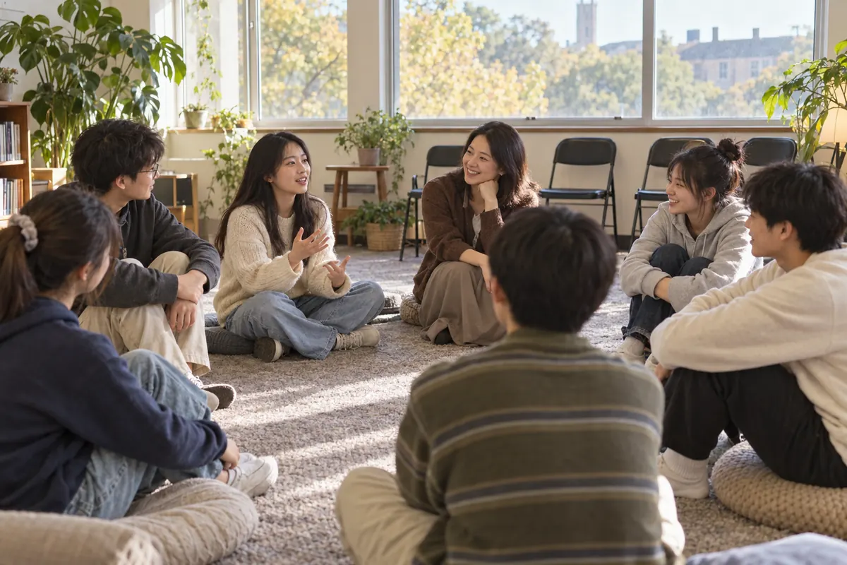 团体辅导中，学生们围坐成一圈交流，老师也坐在圈里