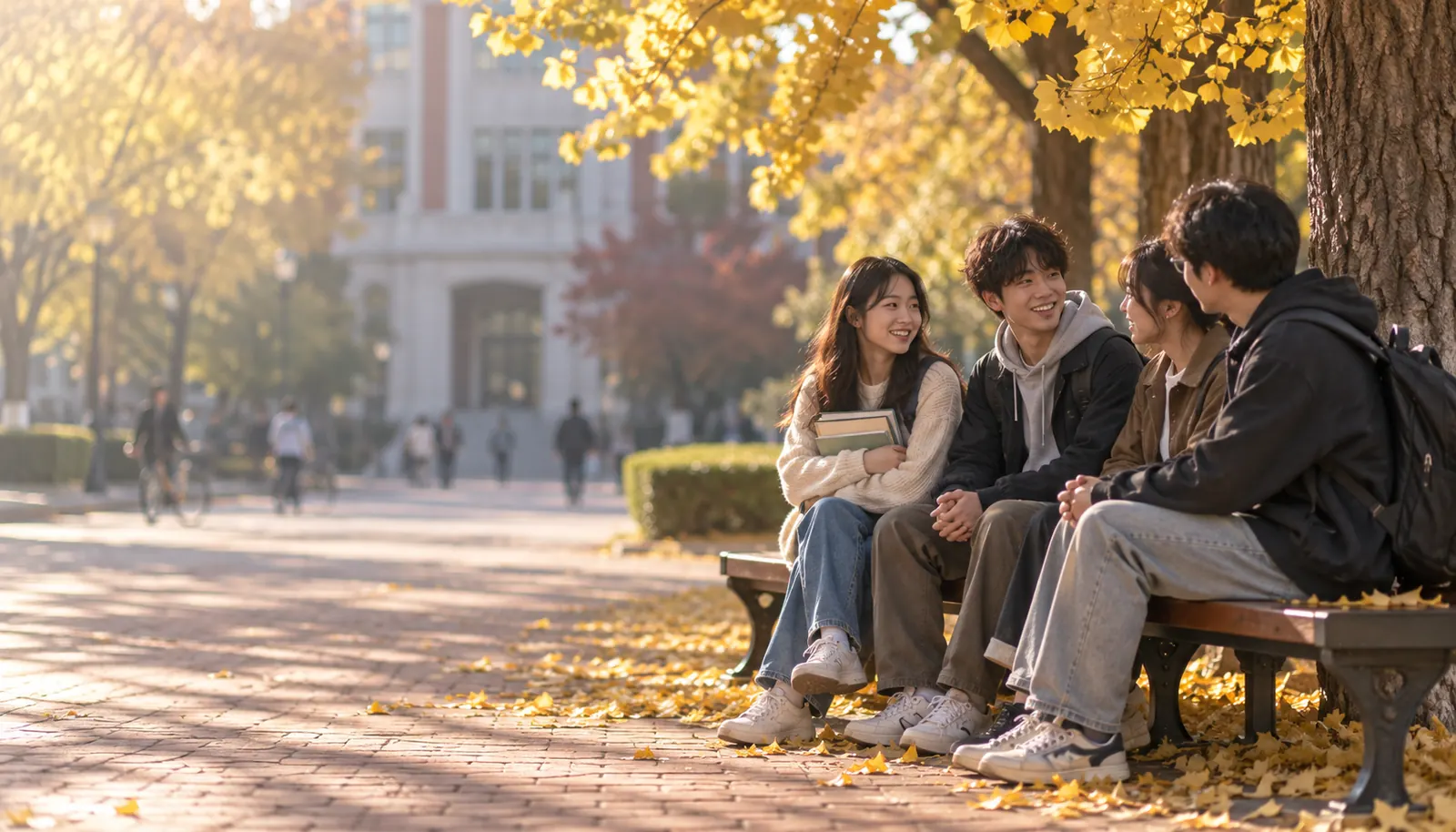 秋日校园的银杏树下,几名大学生坐在长椅上交谈
