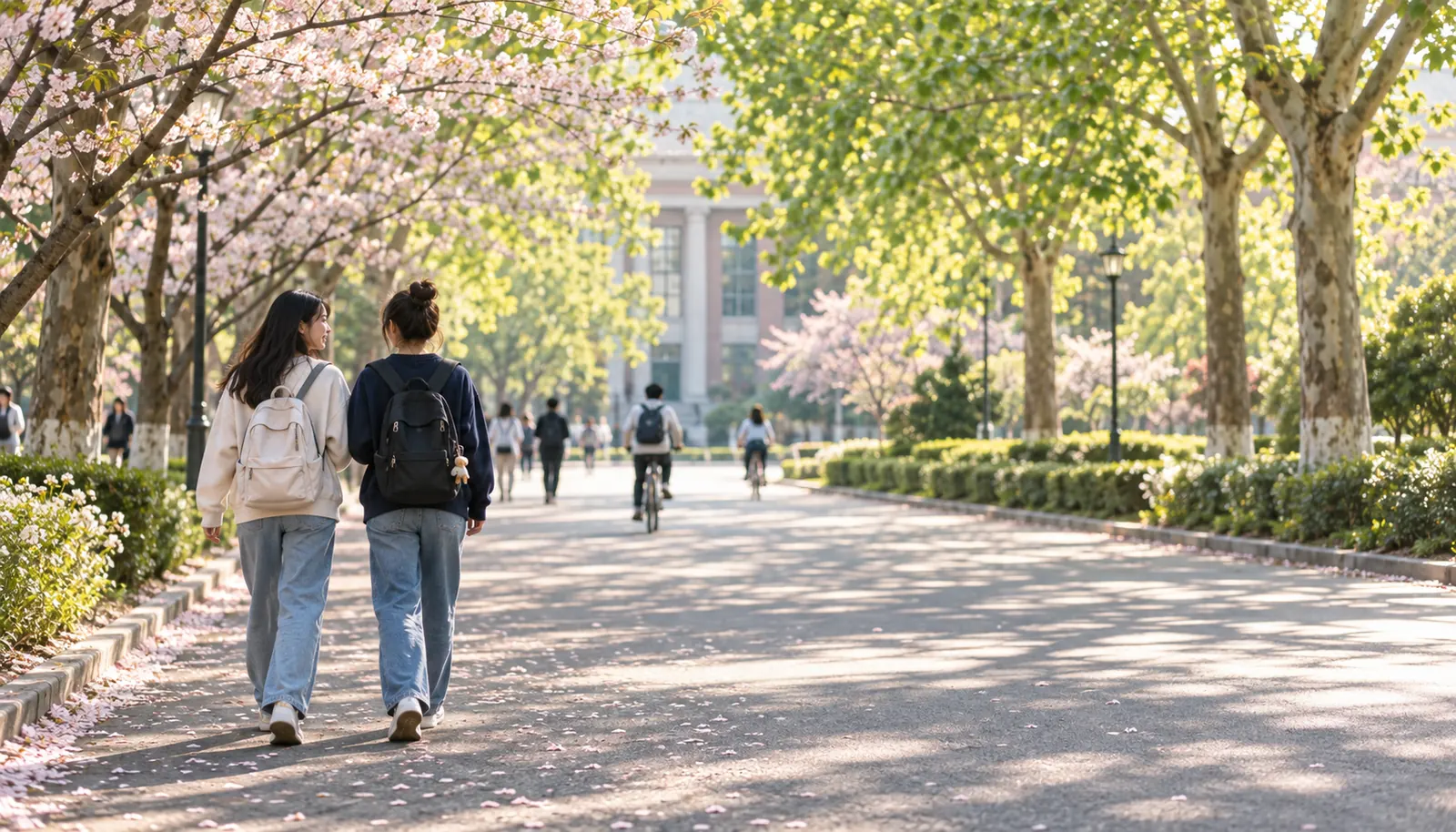 春天的校园林荫道上，两名学生并肩走着说话