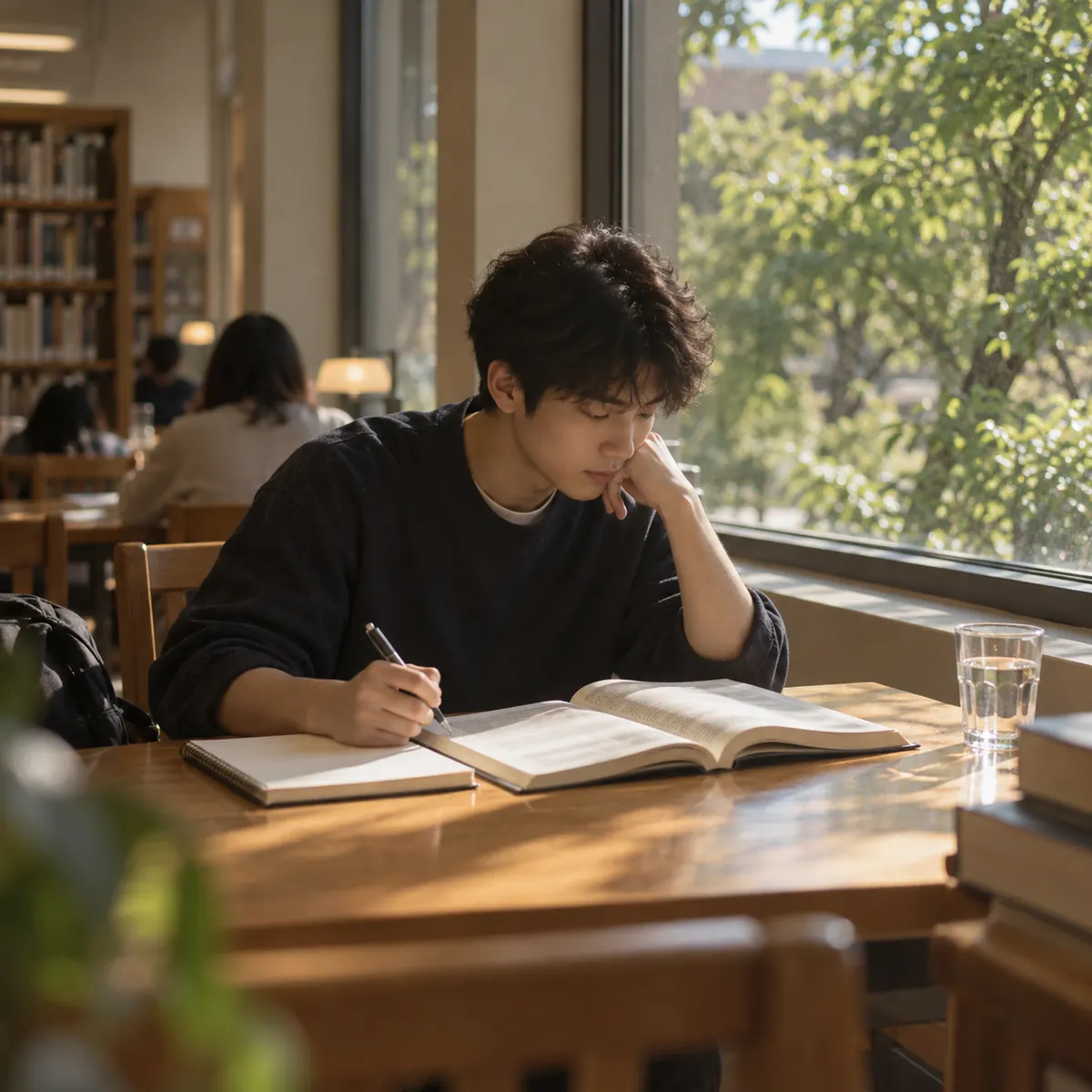 学生在图书馆靠窗的位置读书写笔记