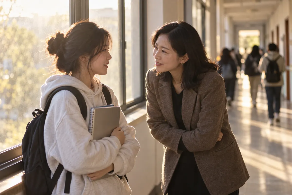 教学楼走廊，一位女老师俯身倾听一名学生说话